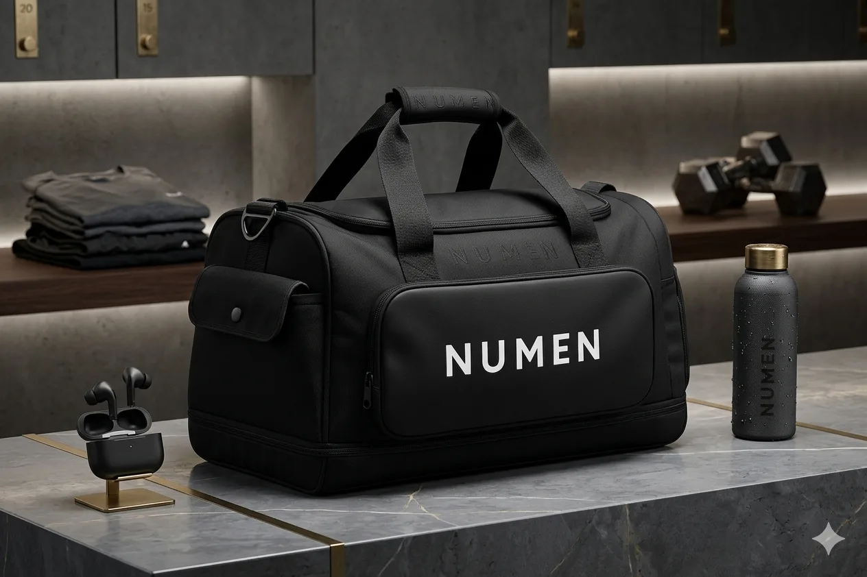 NUMEN leather duffle in a locker room