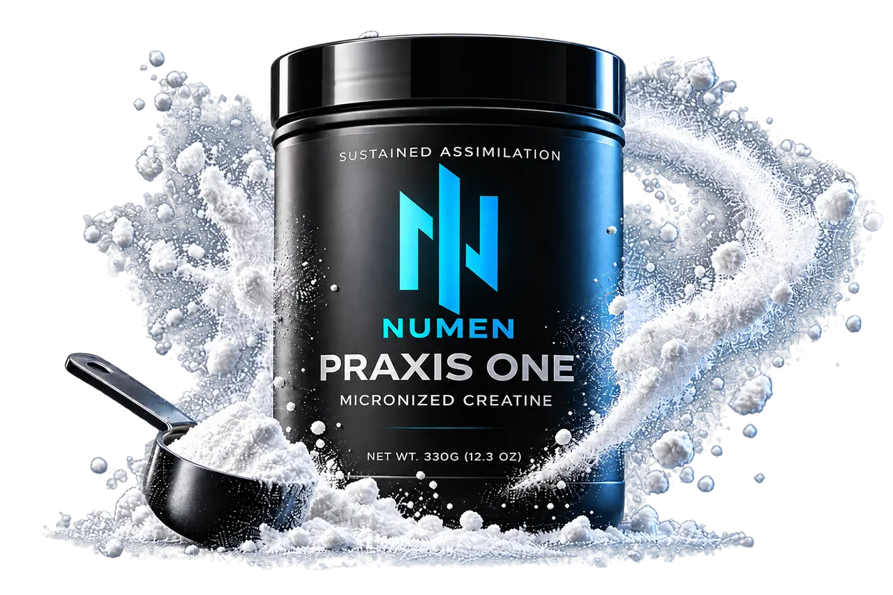 NUMEN PRAXIS ONE micronized creatine with a scoop and powder burst